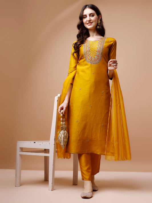 Hand Embroidered Kurta With Pant & Organza Dupatta, Multicolor - Hiral Fashion