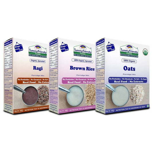 TummyFriendly Foods Organic Stage1 Sprouted Porridge Mixes Combo Pack - Sprouted Ragi, Sprouted Brown Rice and Oats Grab2Buy TummyFriendly Foods Grab2Buy