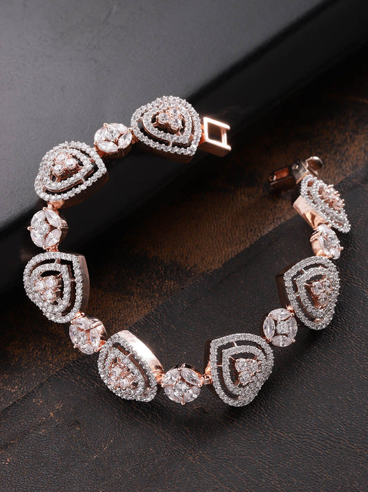Priyaasi Women Rose Gold-Polished American Diamond Studded Link Bracelet in Heart Pattern | Grab2Buy