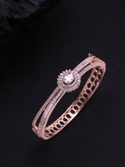 Priyaasi Women Gold-Polished American Diamond Studded Dual Toned Floral Cuff Bracelet