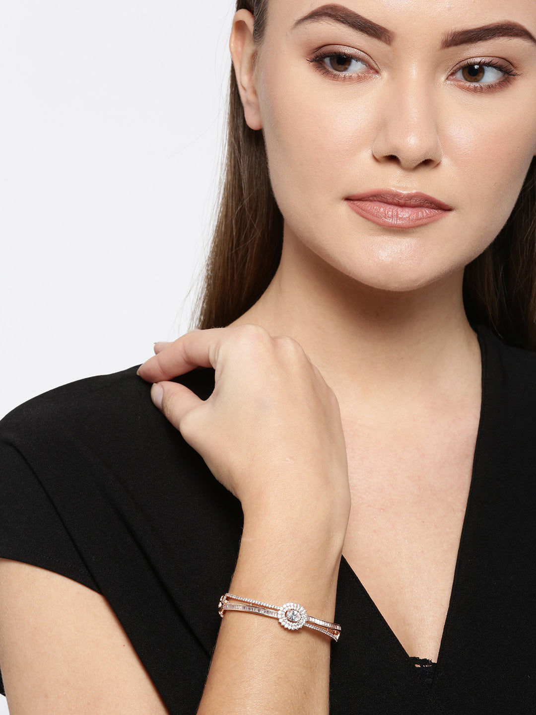 Priyaasi Women Gold-Plated American Diamond Studded Dual Toned Floral Cuff Bracelet - Grab2buy