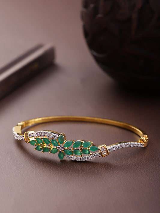 Priyaasi Women Gold-Polished American Diamond and Emerald Studded, Floral Patterned Bracelet in Green Color | Grab2Buy