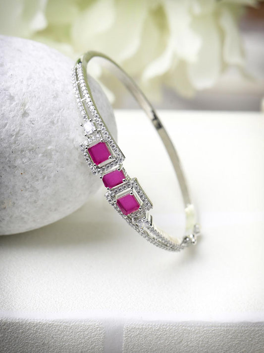 Priyaasi Women Magenta American Diamond Silver Plated Floral Bangle Style Bracelet | Grab2Buy