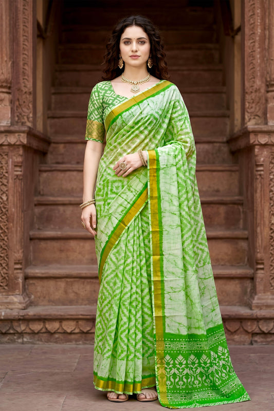 Sangam Prints Pista Green Cotton Print Woven Work Traditional Saree
