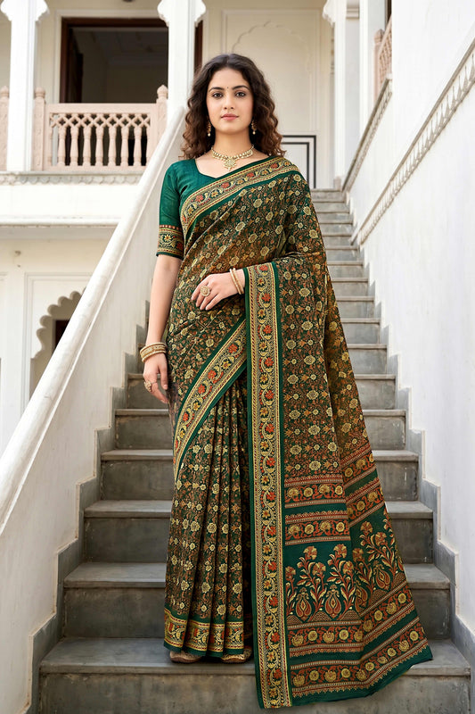 Sangam Prints Dark Green Cotton Print Woven Work Traditional Saree