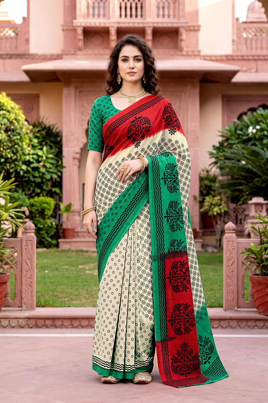 Sangam Prints Off-White Cotton Print Woven Work Traditional Saree