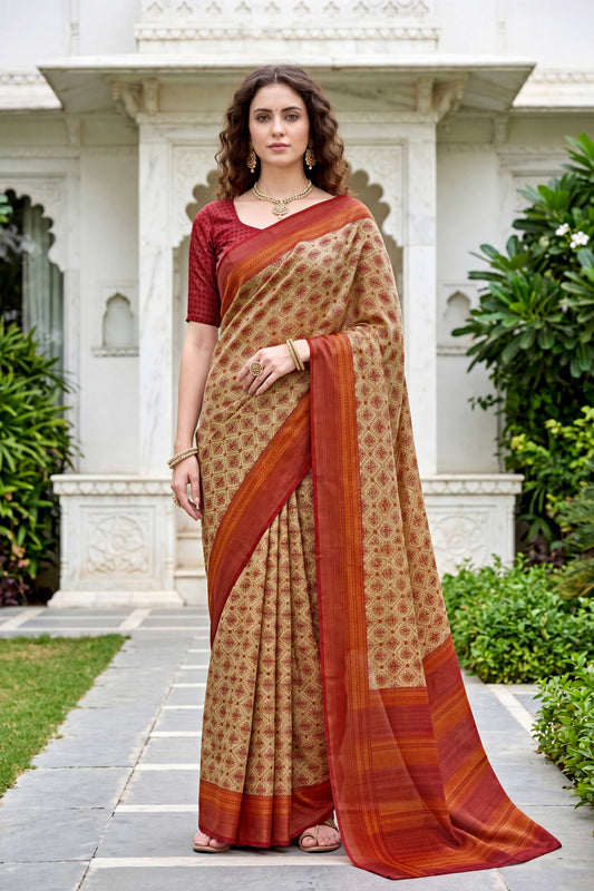 Sangam Prints Beige Cotton Print Woven Work Traditional Saree