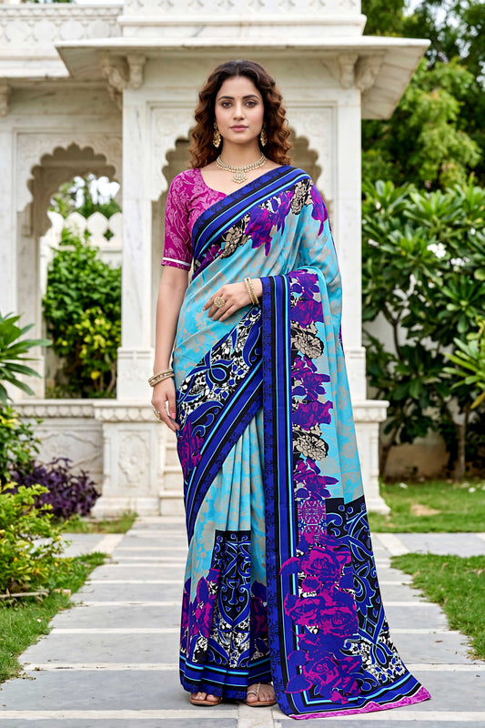 Sangam Prints Sky Blue Cotton Print Woven Work Traditional Saree