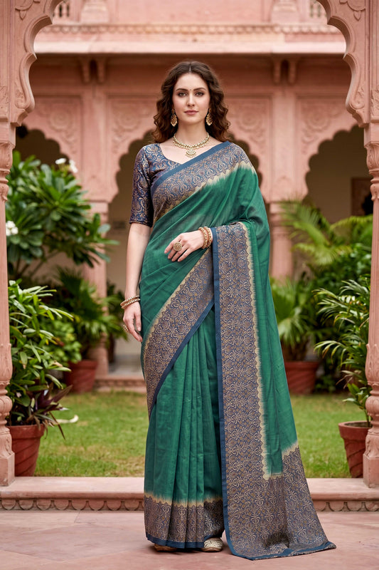 Sangam Prints Green Cotton Print Woven Work Traditional Saree