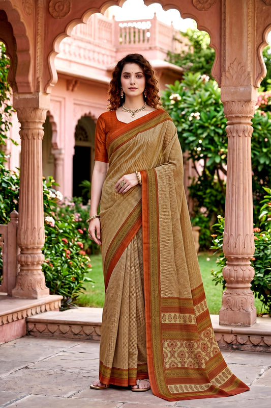 Sangam Prints Beige Cotton Print Woven Work Traditional Saree