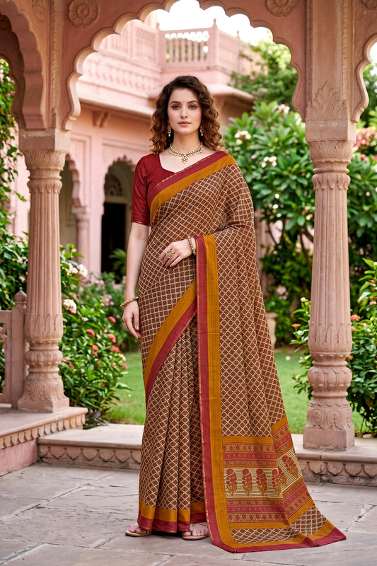 Sangam Prints Beige Cotton Print Woven Work Traditional Saree