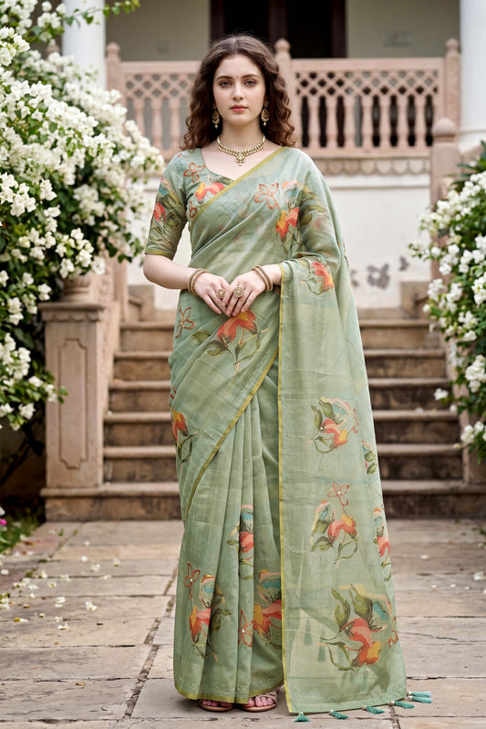 Sangam Prints Green Cotton Print Woven Work Traditional Saree