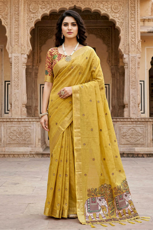 Sangam Prints Yellow Cotton Print Woven Work Traditional Saree