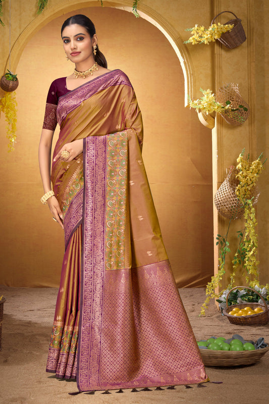 Sangam Prints Mustard Gold Silk Woven Work Traditional Saree