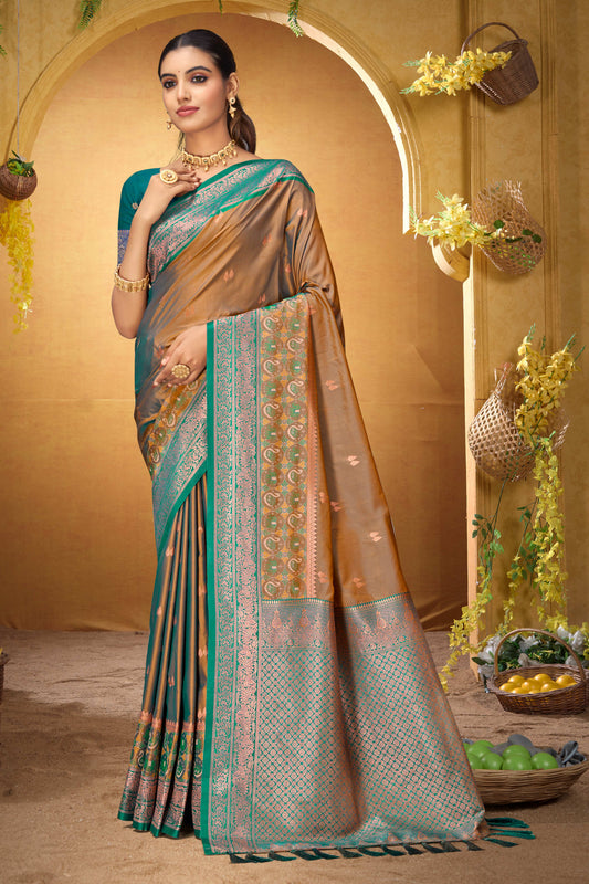 Sangam Prints Bronze Gold Silk Woven Work Traditional Saree
