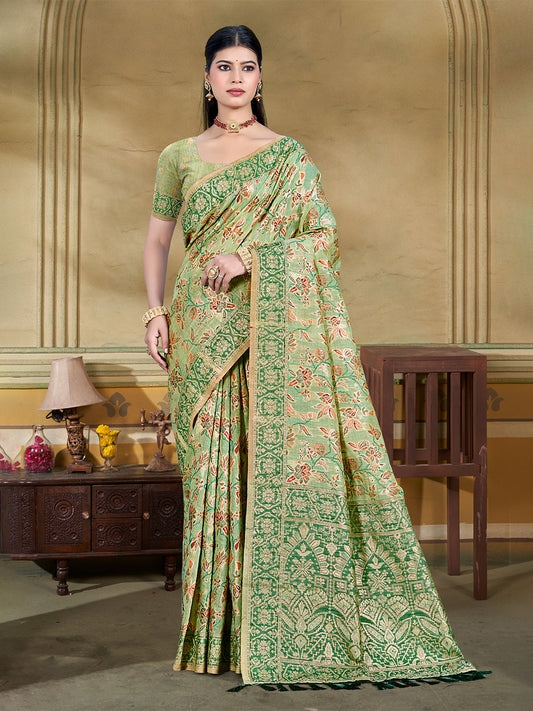 Sangam Prints Light Green Cotton Silk With Meena Woven Work Traditional Saree