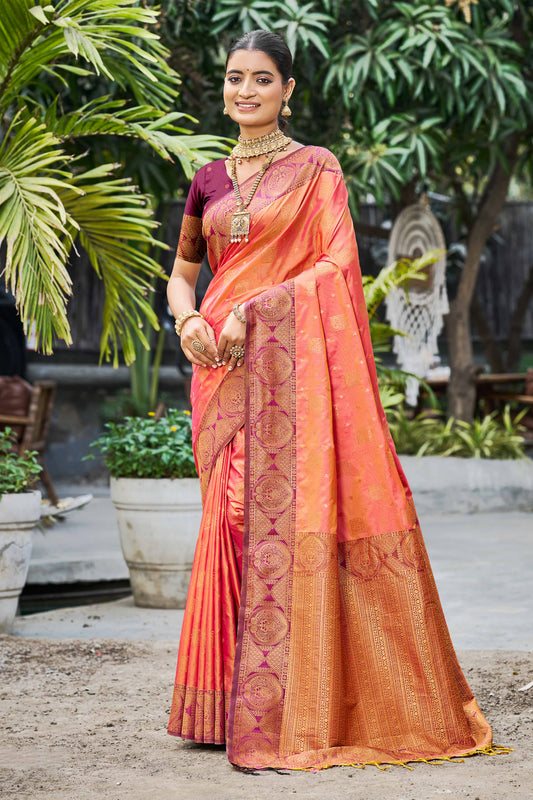 Sangam Prints Peach Orange Soft Silk Woven Work Traditional Saree
