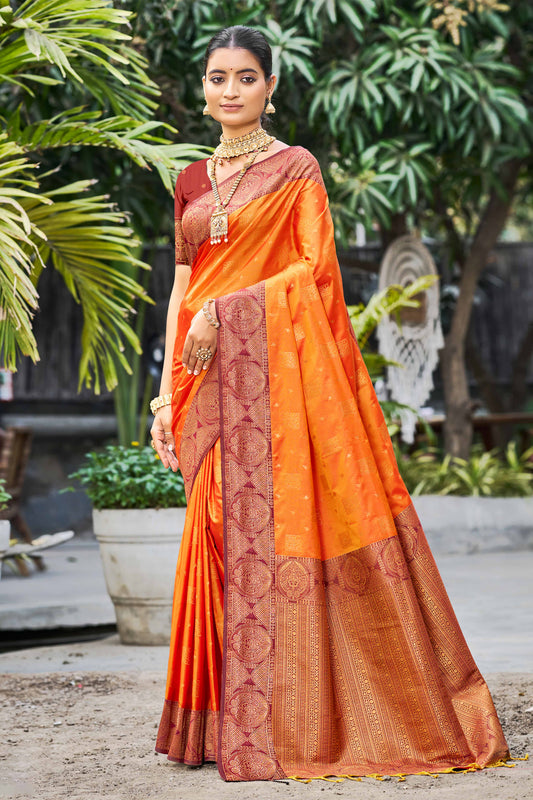 Sangam Prints Saffron Orange Soft Silk Woven Work Traditional Saree