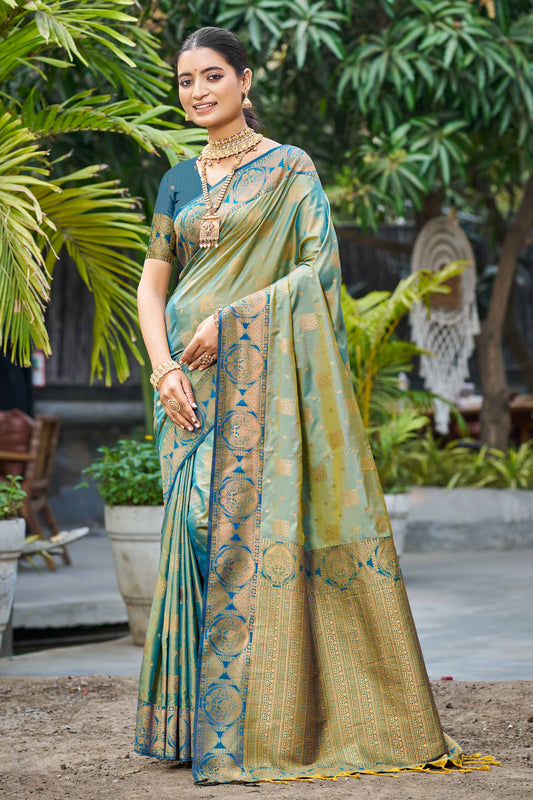 Sangam Prints Sage Green Soft Silk Woven Work Traditional Saree