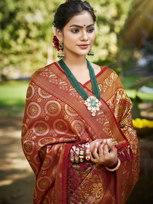 Sangam Prints Maroon Silk Woven Work Traditional Saree