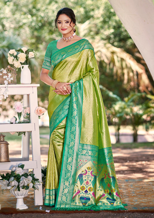 Sangam Prints Multi Color Kanjivaram Silk Woven Work Traditional Saree