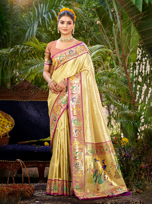 Sangam Prints Beige Silk Woven Work Traditional Saree