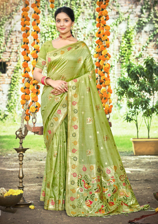 Sangam Prints Green Heavy Assam Silk Saree With Meena Woven Work Traditional Saree
