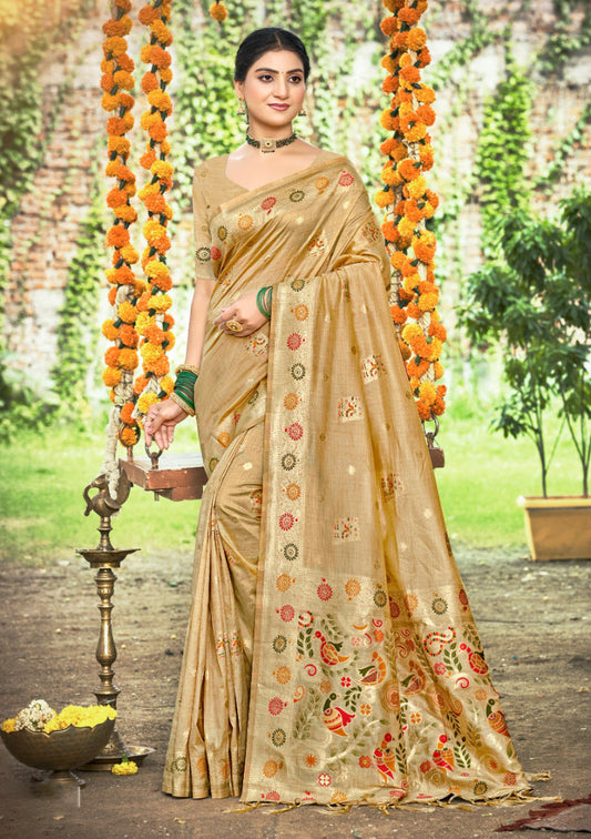 Sangam Prints Chiku Havy Assam Silk Saree With Meena Woven Work Traditional Saree