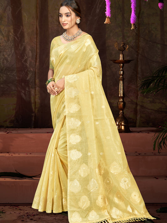 Sangam Prints Yellow Munga Kota Woven Work Traditional Saree