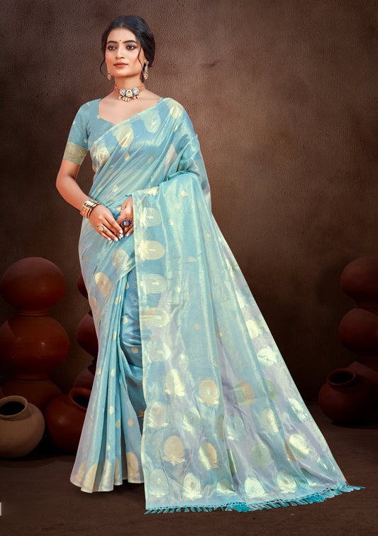Sangam Prints Sky Blue Munga Kota Woven Work Traditional Saree