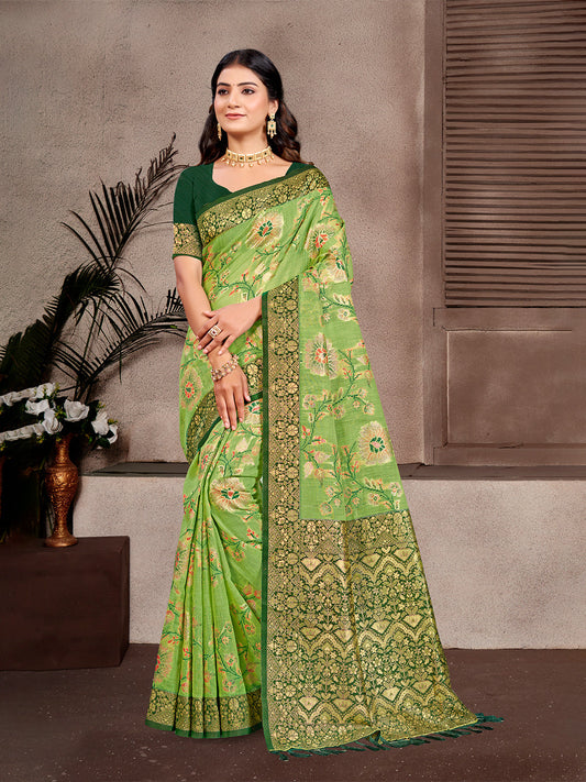 Sangam Prints Light Green Cotton Silk With Meena Woven Work Traditional Saree
