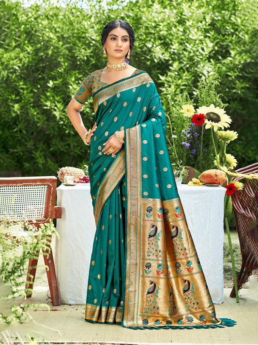 Sangam Prints Teal Green Silk Woven Work Traditional Saree