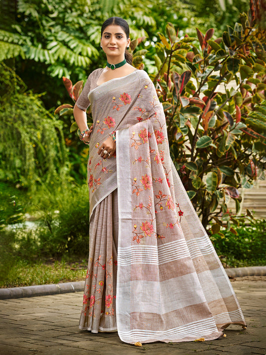 Sangam Prints Brown Linen Woven Work Traditional Saree