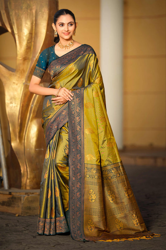 Sangam Prints Olive Green Soft Silk Woven Work Traditional Saree