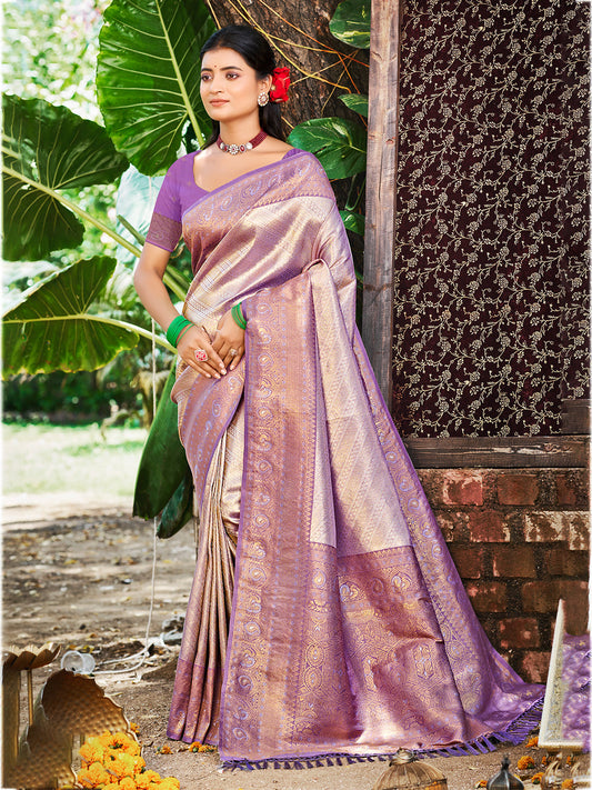 Sangam Prints Lavender Kanjivaram Silk Woven Work Traditional Saree