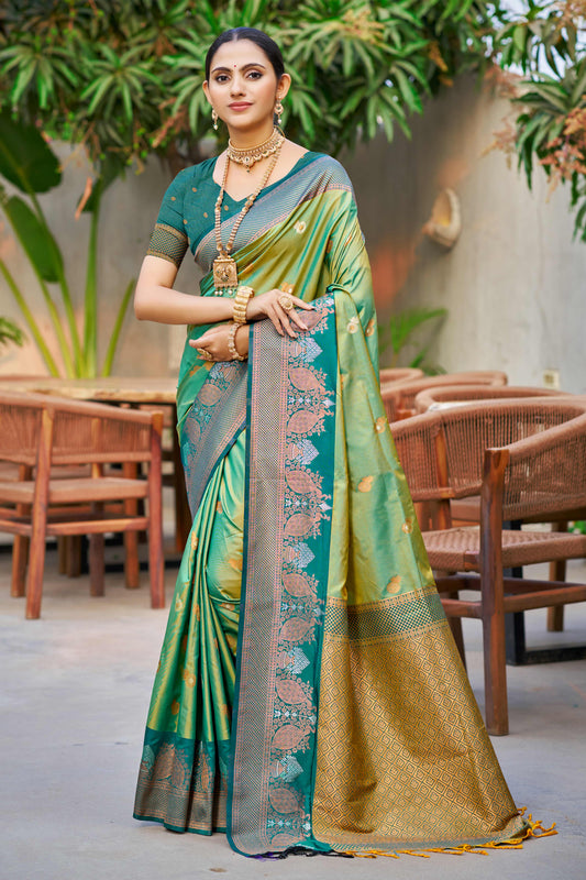 Sangam Prints Parrot Green Soft Silk Woven Work Traditional Saree