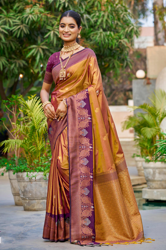 Sangam Prints Copper Gold Soft Silk Woven Work Traditional Saree