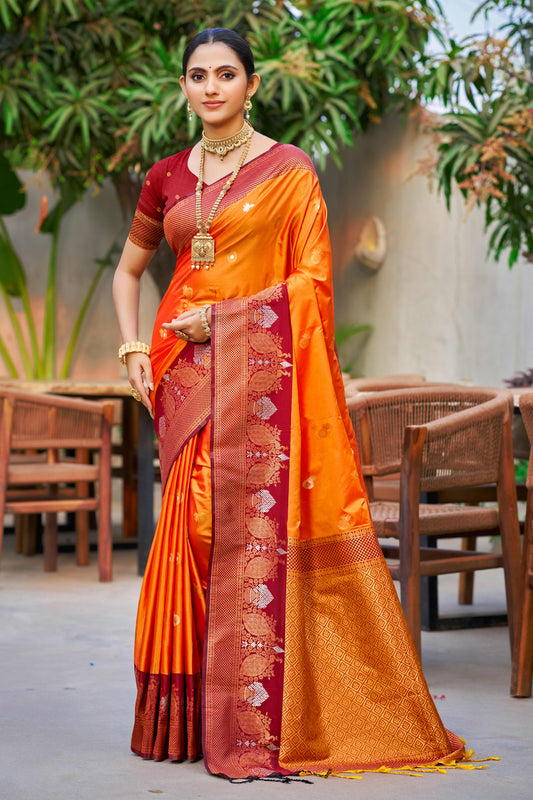 Sangam Prints Saffron Orange Soft Silk Woven Work Traditional Saree