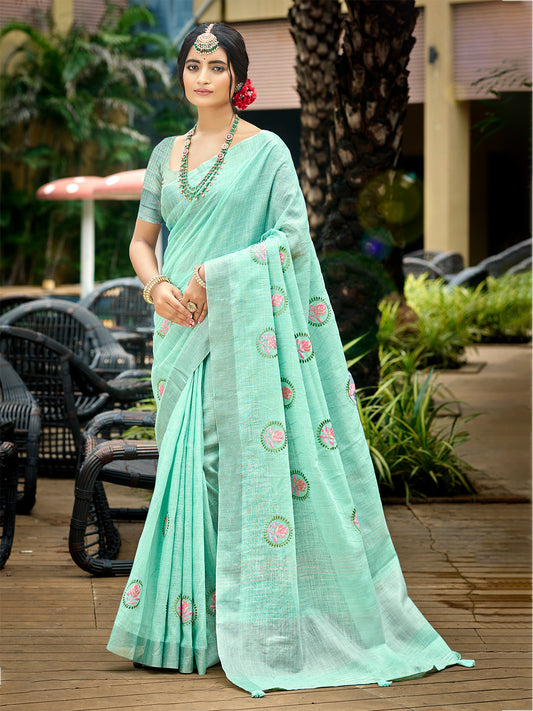 Sangam Prints Sky Blue Linen Woven Work Traditional Saree