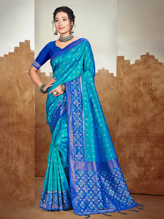 Sangam Prints Peacock Blue Silk Woven Work Traditional Saree