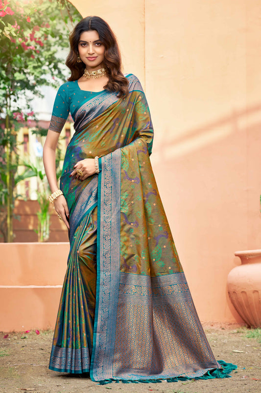 Sangam Prints Olive Green Soft Silk Woven Work Traditional Saree