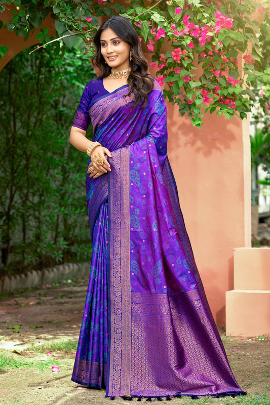 Sangam Prints Violet Purple Soft Silk Woven Work Traditional Saree