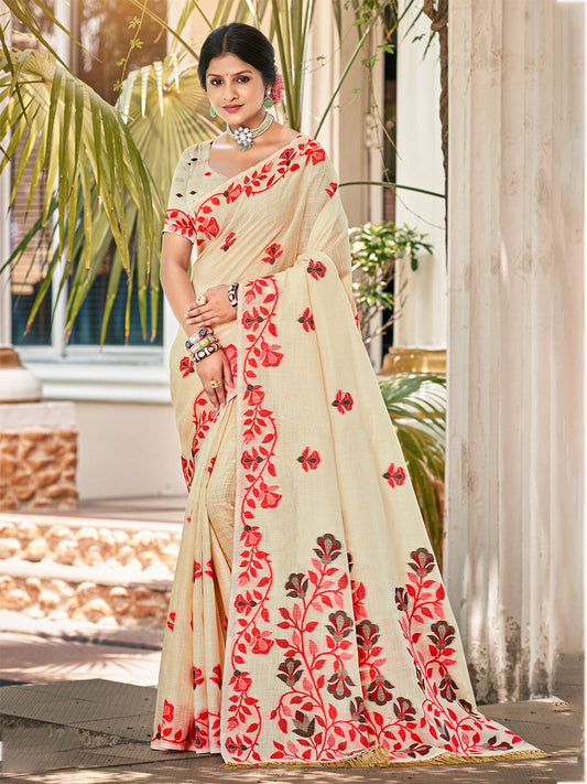 Sangam Prints Cream Linen Woven Work Traditional Saree