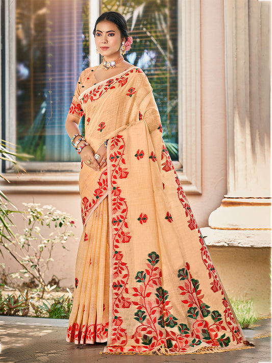 Sangam Prints Peach Linen Woven Work Traditional Saree
