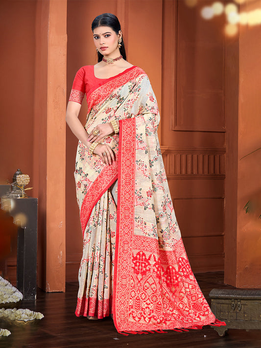 Sangam Prints Beige Cotton Silk With Meena Woven Work Traditional Saree