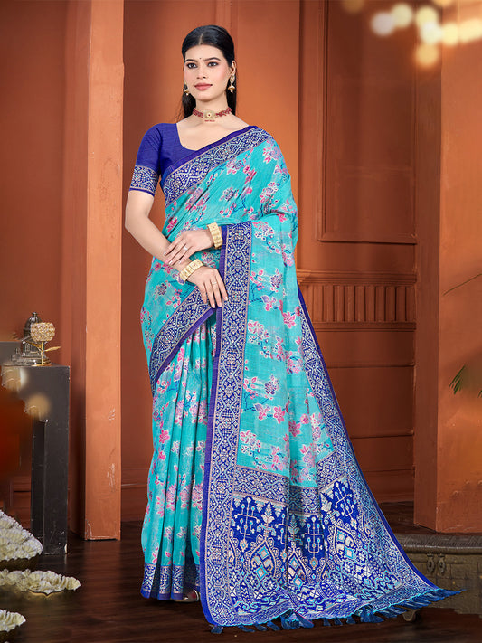 Sangam Prints Blue Cotton Silk With Meena Woven Work Traditional Saree