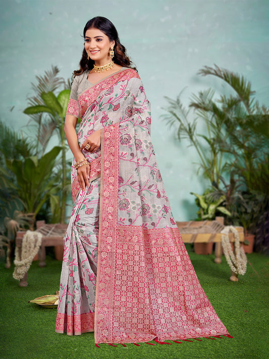 Sangam Prints Gray Cotton Silk With Meena Woven Work Traditional Saree