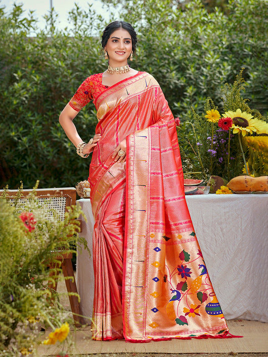 Sangam Prints Coral Pink Silk Woven Work Traditional Saree