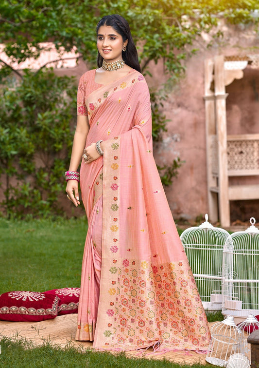 Sangam Prints Peach Heavy Assam Silk Saree With Meena Woven Work Traditional Saree