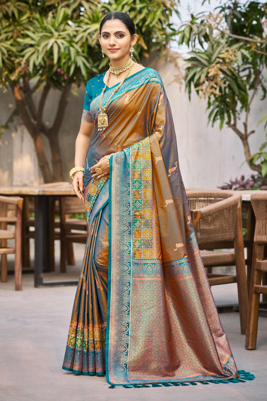 Sangam Prints Copper Brown Soft Silk Woven Work Traditional Saree